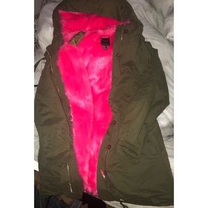 Olive Green Parka/ lined with pink fur